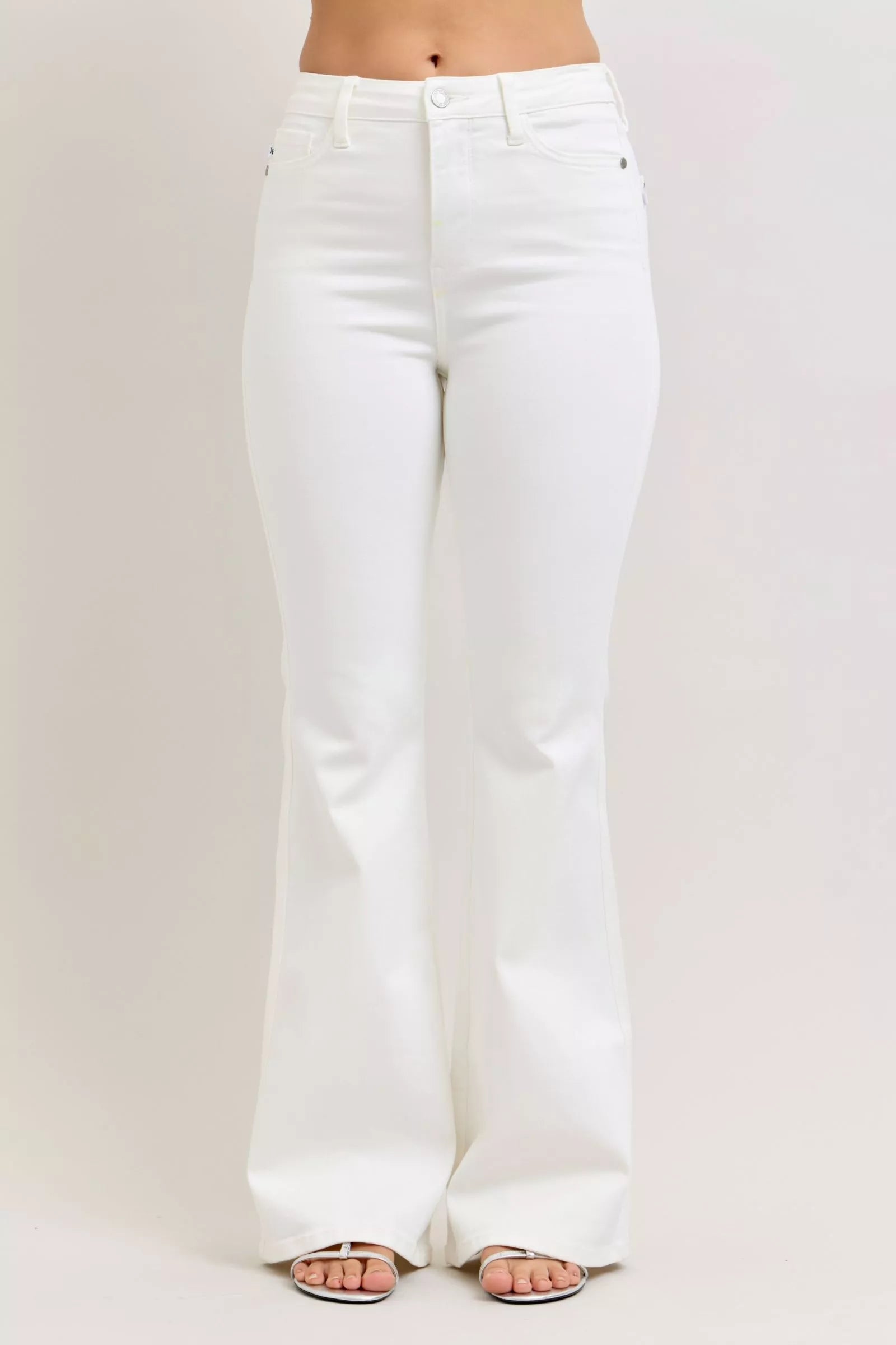 White Judy Blue high-waisted tummy control flare jeans with straight-leg cut