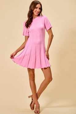SO ME wide rib sweater knit pink pleated mini dress with flutter sleeves