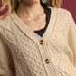 Umgee Chunky Cable Knit V-Neck Button-Up Cardigan Ecru - DAVERRI FASHIONS