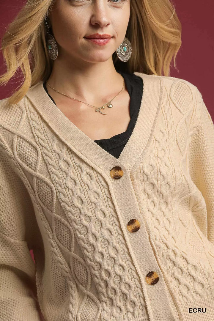 Umgee Chunky Cable Knit V-Neck Button-Up Cardigan | Cardigans Daverri Fashions