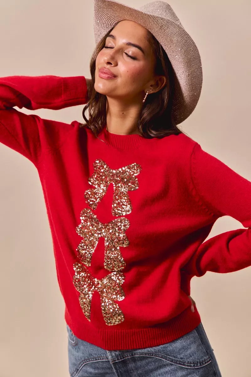 SO ME Sequins Bow Ribbon Embellished Christmas Sweater | Daverri Fashions