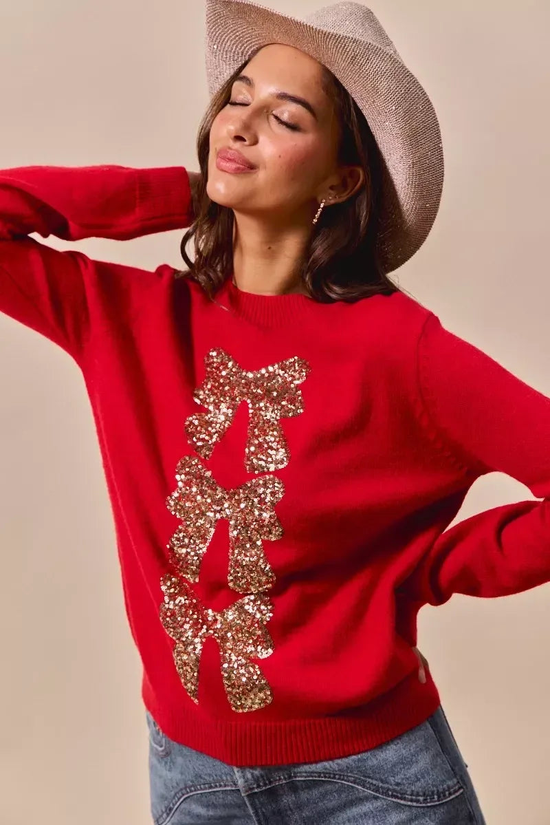 SO ME Sequins Bow Ribbon Embellished Christmas Sweater - DAVERRI FASHIONS