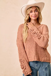 BiBi Chunky Knit Sweater with Flower Detail Sleeves | Sweaters Daverri Fashions