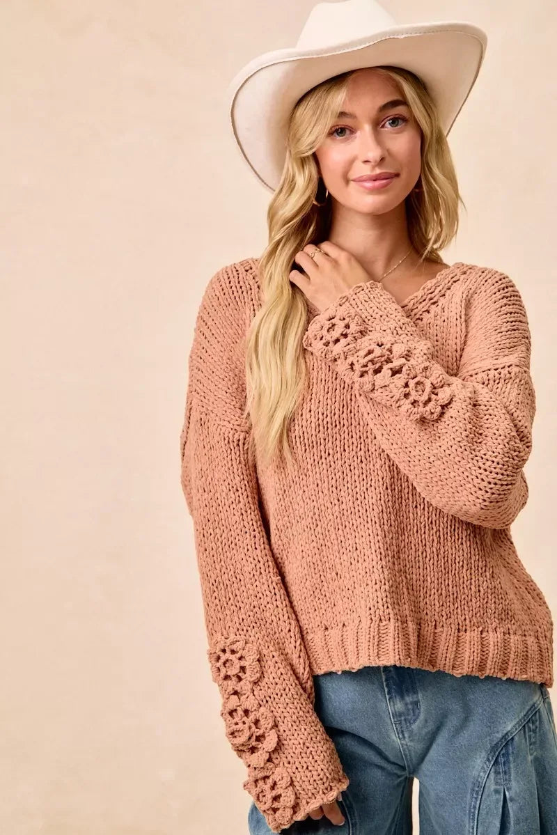 BiBi Chunky Knit Sweater with Flower Detail Sleeves - DAVERRI FASHIONS