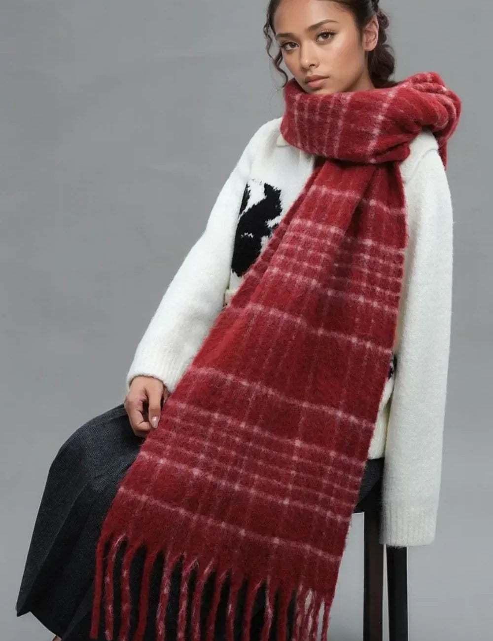 Fringe Plaid Thermal Scarf - DAVERRI FASHIONS