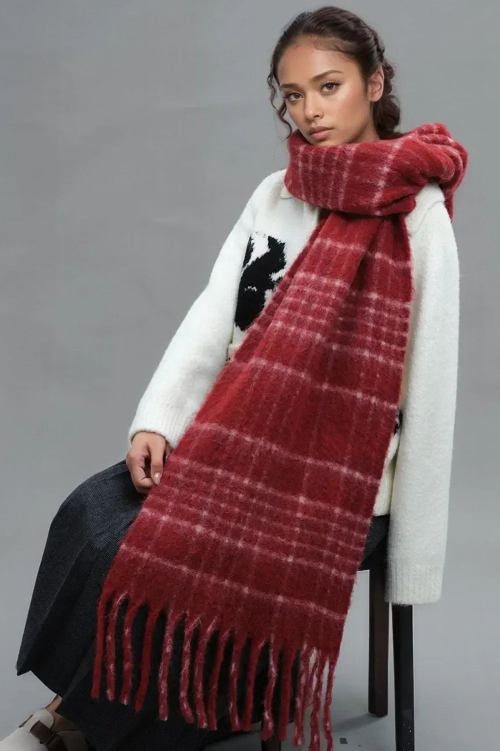 Fringe Plaid Thermal Scarf - DAVERRI FASHIONS