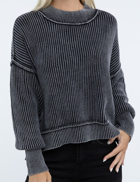 Washed Side Slit Oversized Cropped Cotton Sweater BLACK Tops