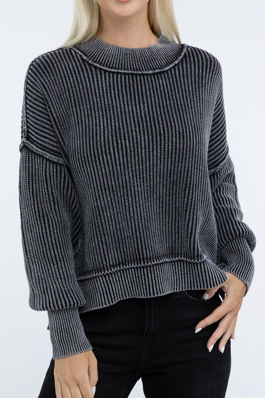 Washed Side Slit Oversized Cropped Cotton Sweater BLACK Tops