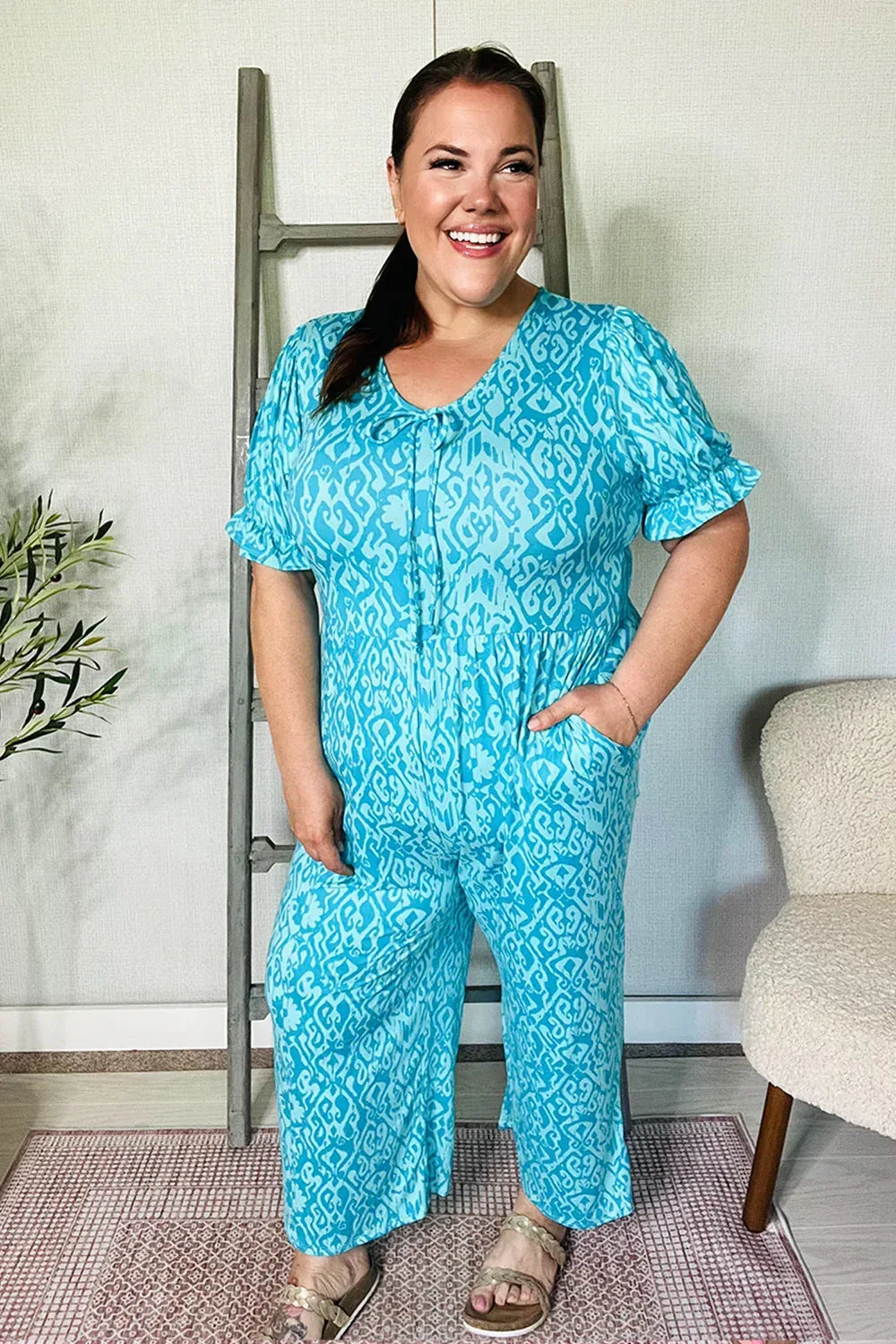 PLUS Spring Vibes Aqua Ikat Print Ruffle Sleeve Wide Leg Jumpsuit - DAVERRI FASHIONS