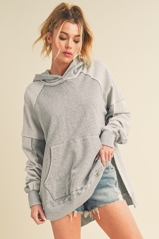 Aemi + Co Exposed Seam Side Slit Hoodie with Kangaroo Pocket