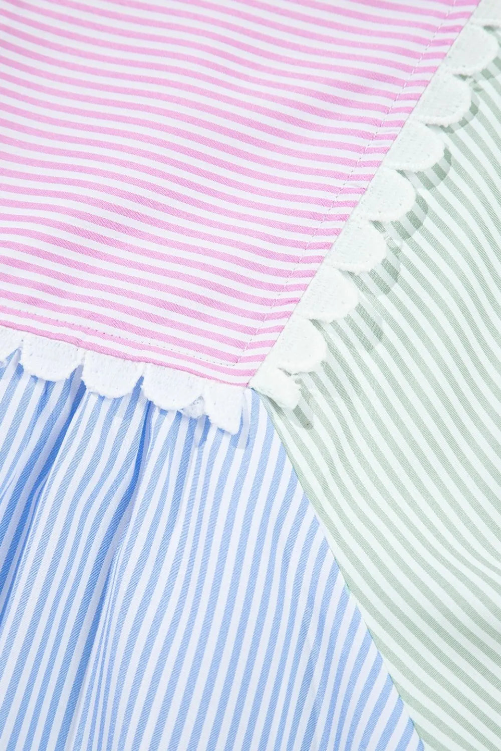 Pastel pink, green, blue striped patchwork mini dress with puff sleeves