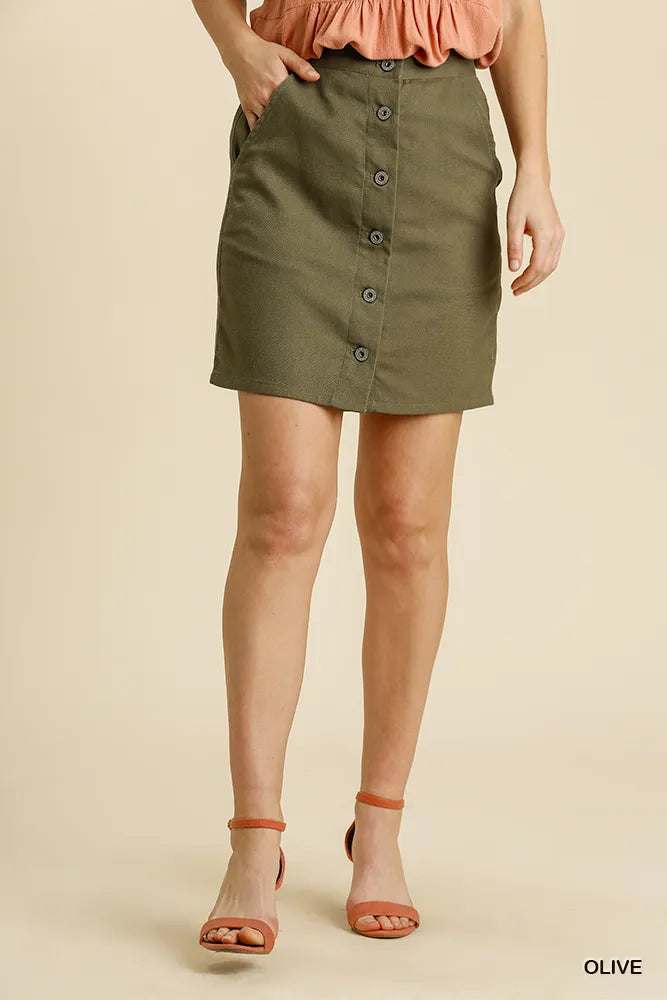 Umgee Button Down Skirt with Pockets Olive