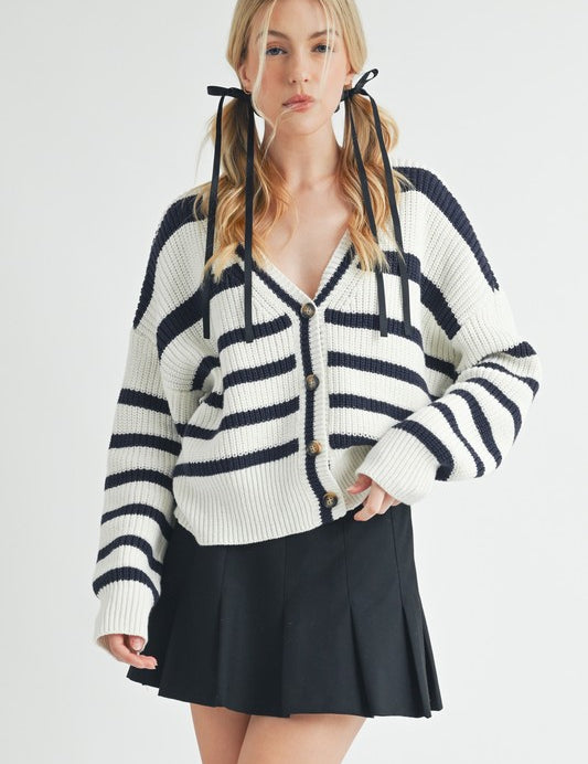 Aemi + Co Striped V-Neck Button Down Cardigan