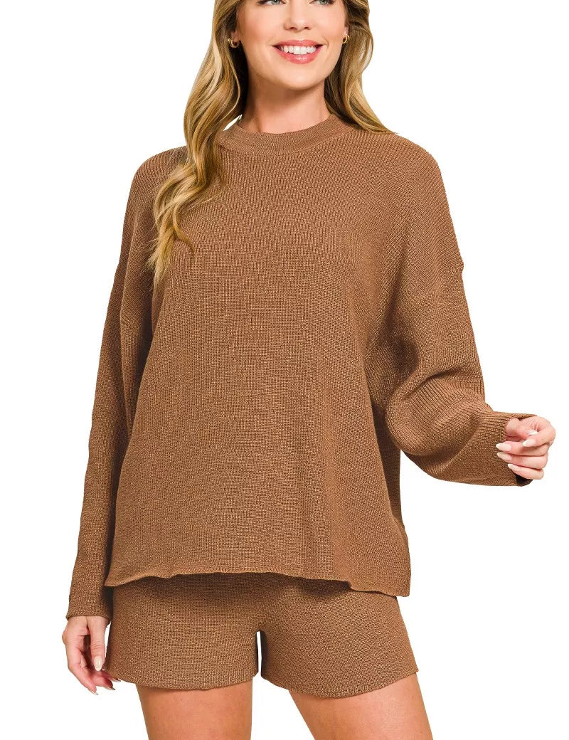 DEEP CAMEL Zenana Round Neck Knit Top and Shorts Sweater Set | Daverri Fashions