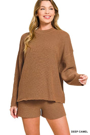 DEEP CAMEL Zenana Round Neck Knit Top and Shorts Sweater Set | Daverri Fashions