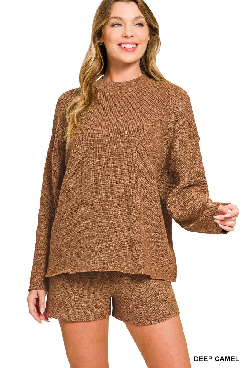 DEEP CAMEL Zenana Round Neck Knit Top and Shorts Sweater Set | Daverri Fashions