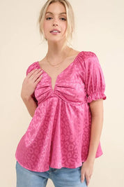 FUCHSIA And The Why Satin Leopard V Wired Puff Sleeves Blouse | Daverri Fashions