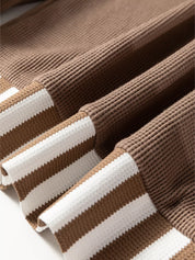 Waffle Texture Striped Patchwork Button Neck Drawstring Hoodie | Hoodies Daverri Fashions