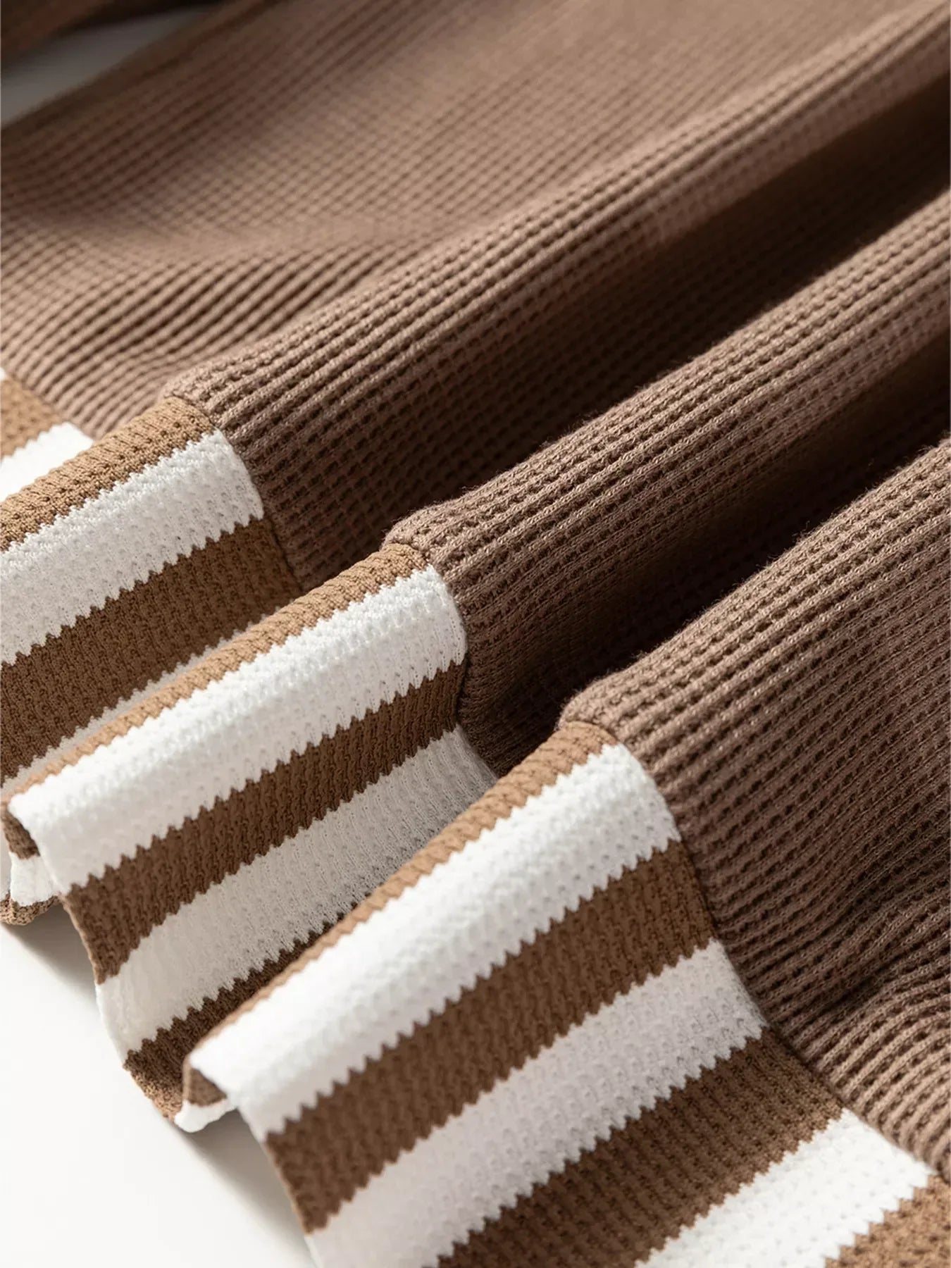 Waffle Texture Striped Patchwork Button Neck Drawstring Hoodie - DAVERRI FASHIONS