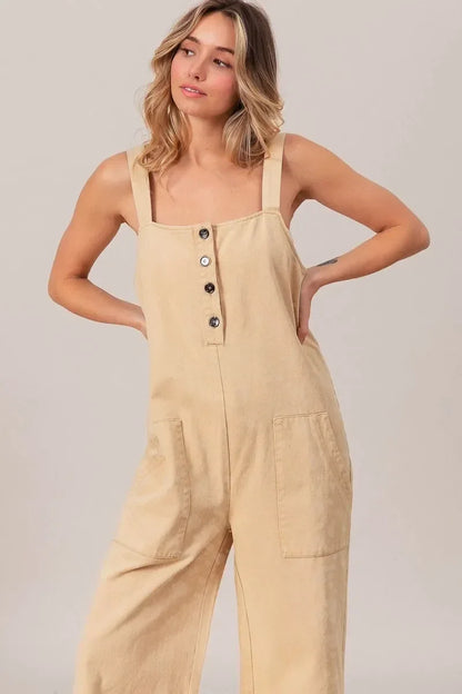 BiBi Washed Denim Buttoned Overall Jumpsuit - DAVERRI FASHIONS