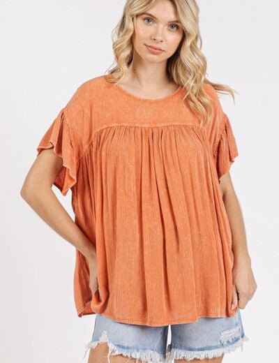 Mittoshop Mineral Washed Round Neck Ruffle Sleeve Blouse