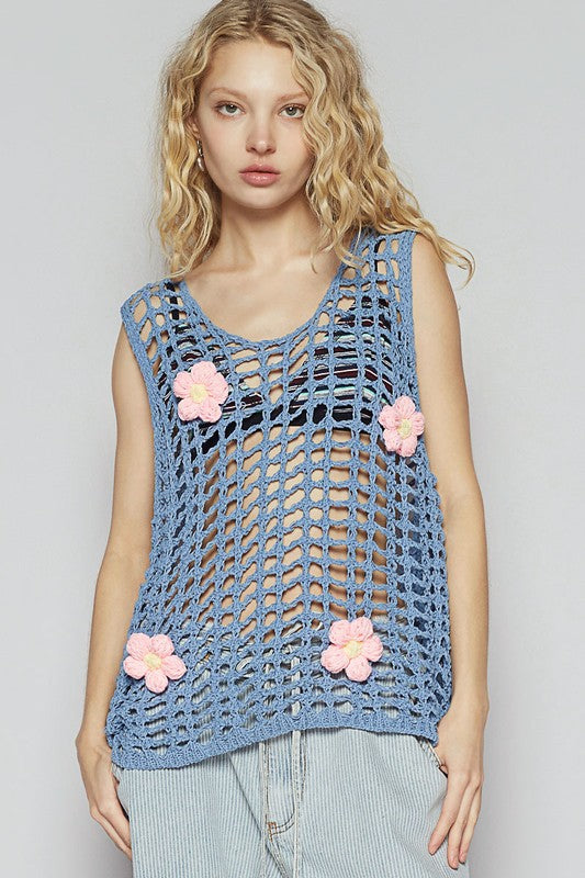 POL Flower Crochet Scoop Neck Sleeveless Knit Cover Up Cerulean