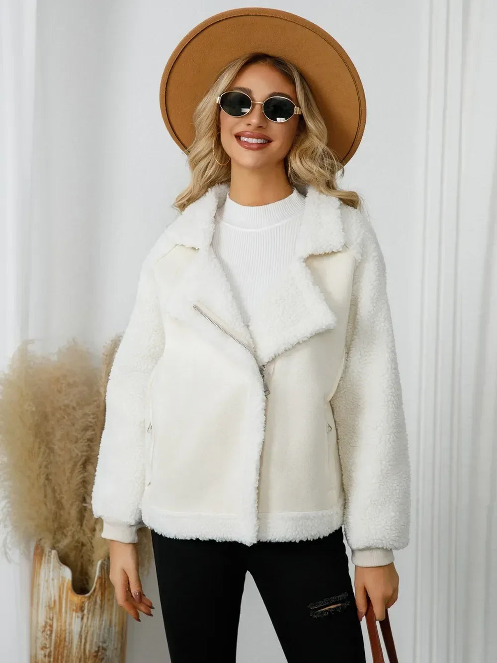 Pocketed Sherpa Zip Up Long Sleeve Jacket - DAVERRI FASHIONS