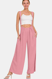 Zenana Pocketed Wide Strap Wide Leg Overalls Lt Rose M