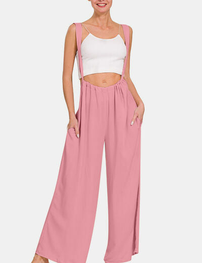 Zenana Pocketed Wide Strap Wide Leg Overalls Lt Rose M