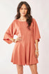 Davi & Dani soft peach satin romper with draped bell sleeves and flared skirt