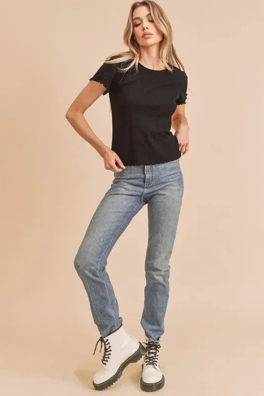 Aemi+Co Round Neck Lettuce Hem Short Sleeve T-Shirt - DAVERRI FASHIONS