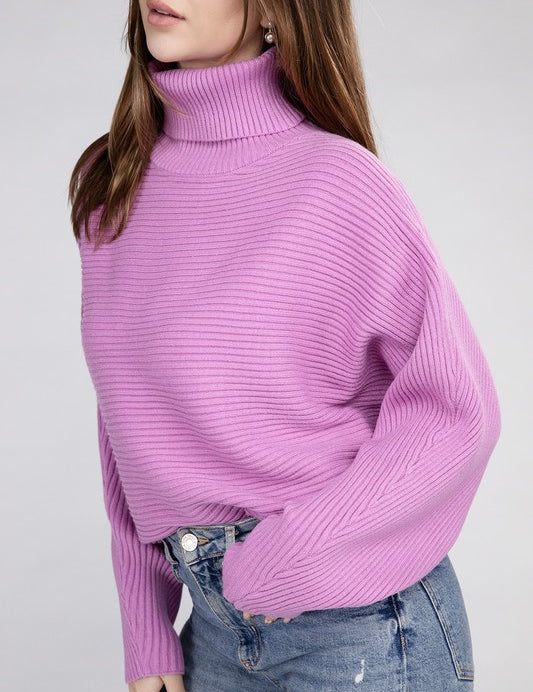 Viscose Dolman Sleeve Turtleneck Sweater MAUVE L Tops