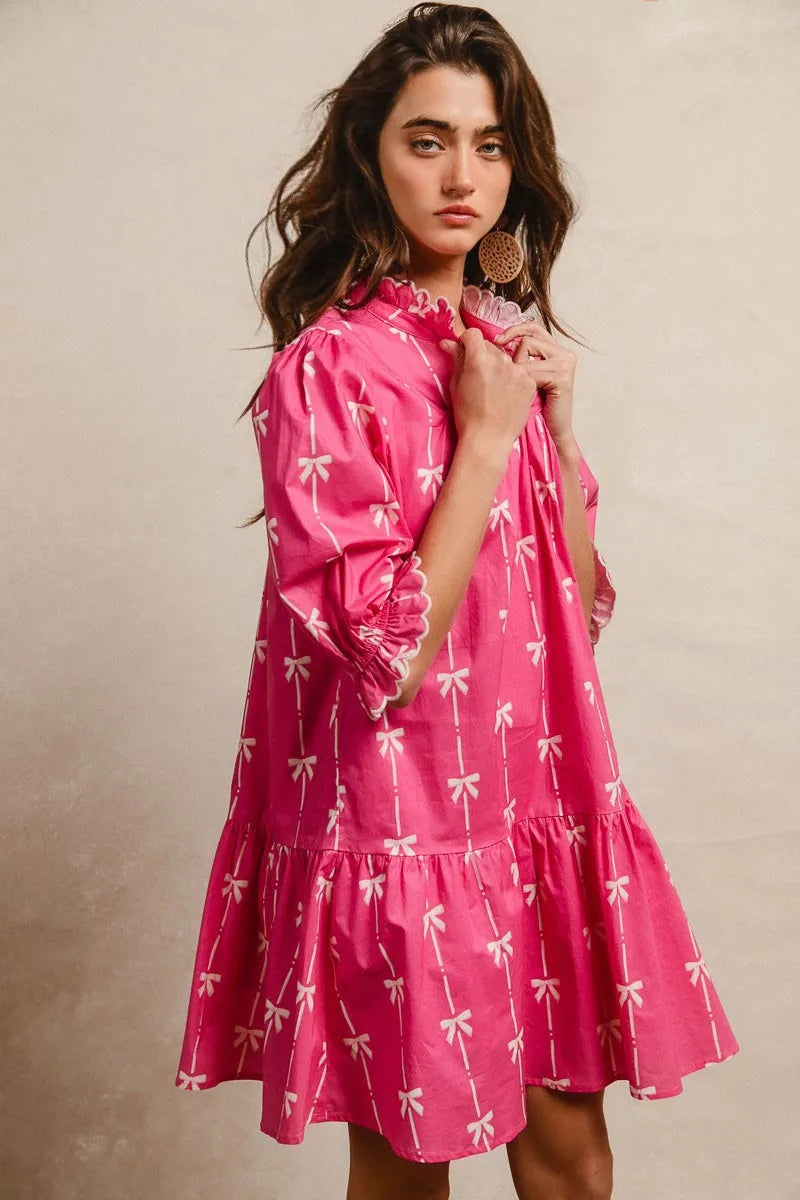 Vibrant pink BiBi ribbon pattern dress with scallop edges and ruffles