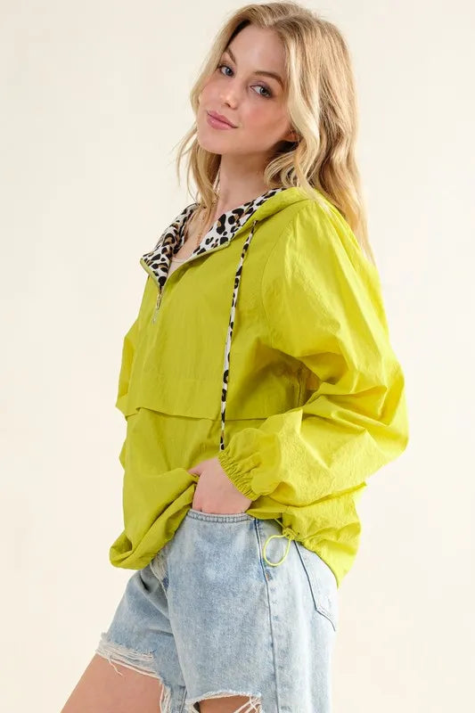Leopard Print Hoodie Zipper Up Pocket Windbreaker Outerwear