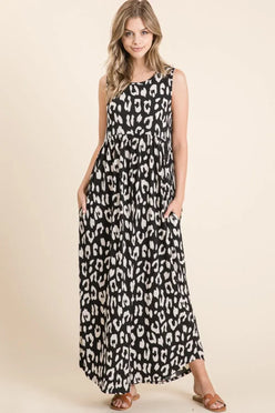 BOMBOM Leopard Maxi Dress with Pockets - DAVERRI FASHIONS