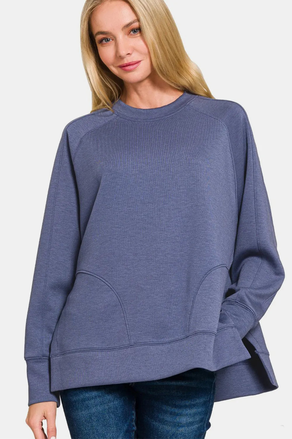 Zenana Scuba Round Neck Side Slit Sweatshirt Blue Indigo Sweatshirts