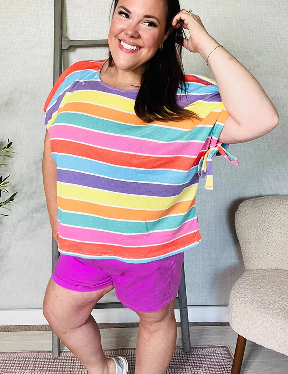 Feeling Bold Multicolor Stripe Dolman Bow Tie Sleeve Top | Daverri Fashions