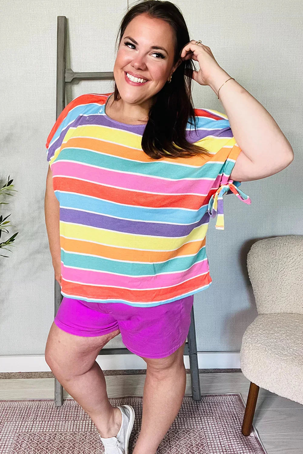 Feeling Bold Multicolor Stripe Dolman Bow Tie Sleeve Top | Daverri Fashions