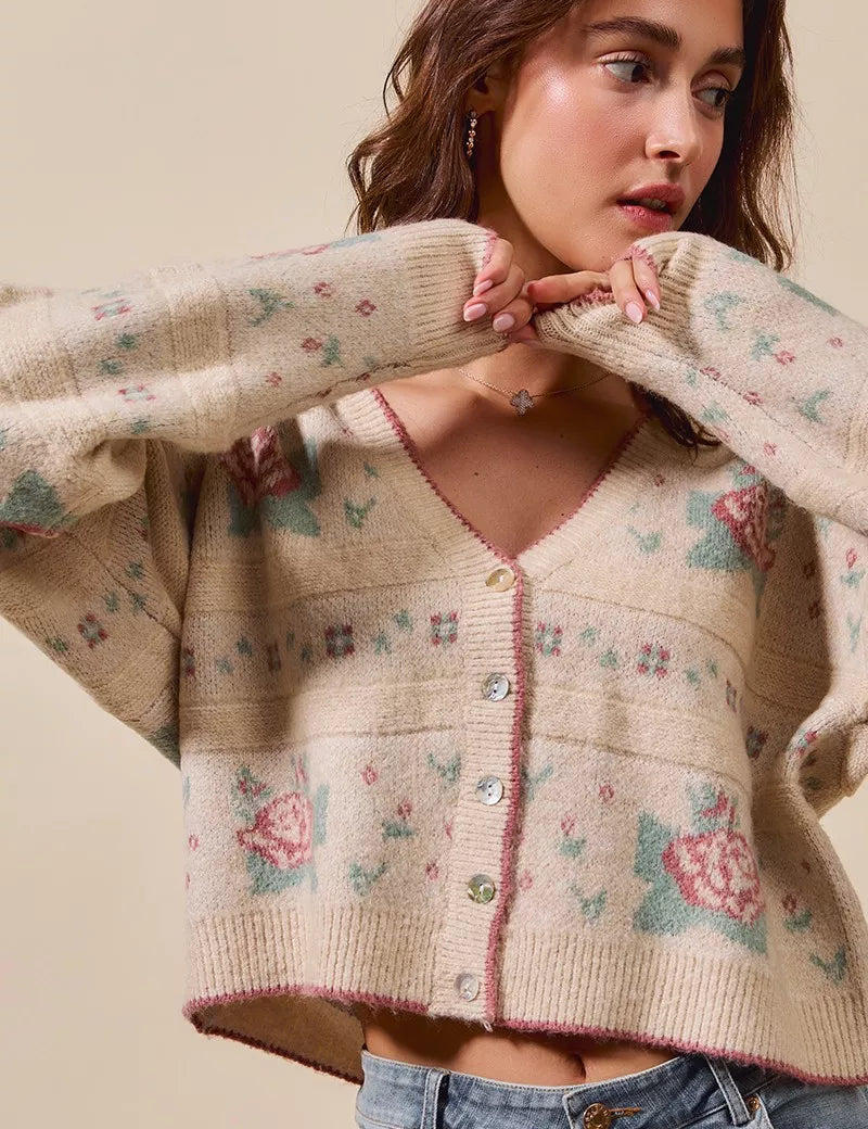 SO ME Floral Pattern Long Sleeve Button Sweater Cardigan | Cardigans Daverri Fashions