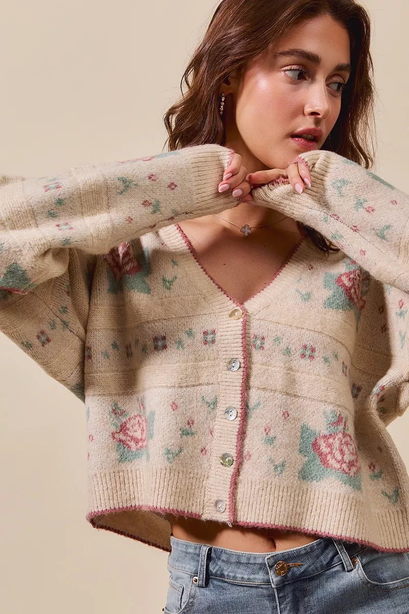 SO ME Floral Pattern Long Sleeve Button Sweater Cardigan | Cardigans Daverri Fashions