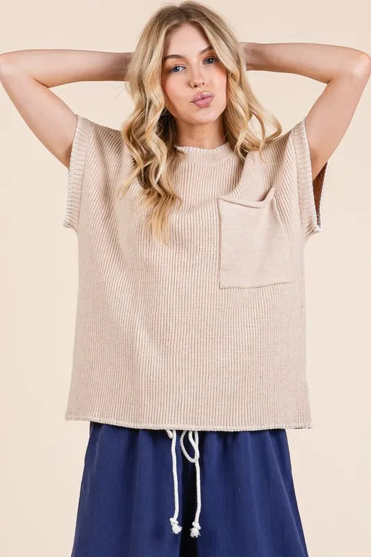 Lime 'N' Chili Solid Cap Sleeve Stitch Edge Knit Sweater Sweaters