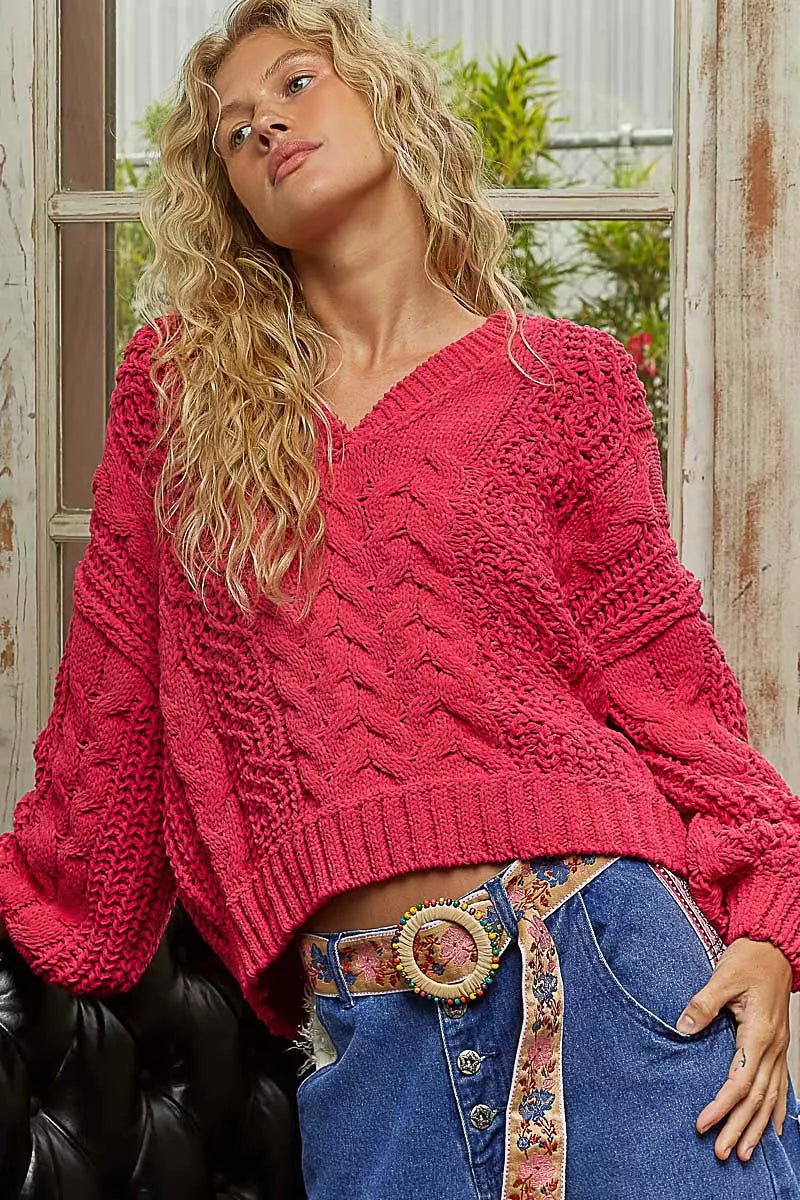 POL Cable-Knit Solid V-Neck Cropped Sweater | Sweaters Daverri Fashions