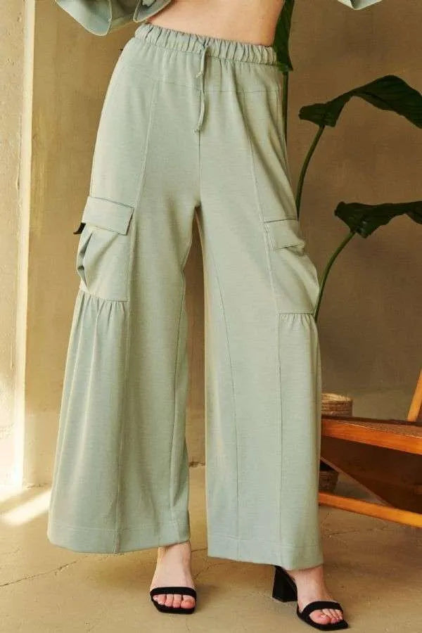 Light green Davi & Dani drawstring ruched wide-leg cargo pants
