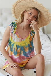 BiBi Circular Tie Dye Knit V Neck Top With Ruffle | Tops Daverri Fashions