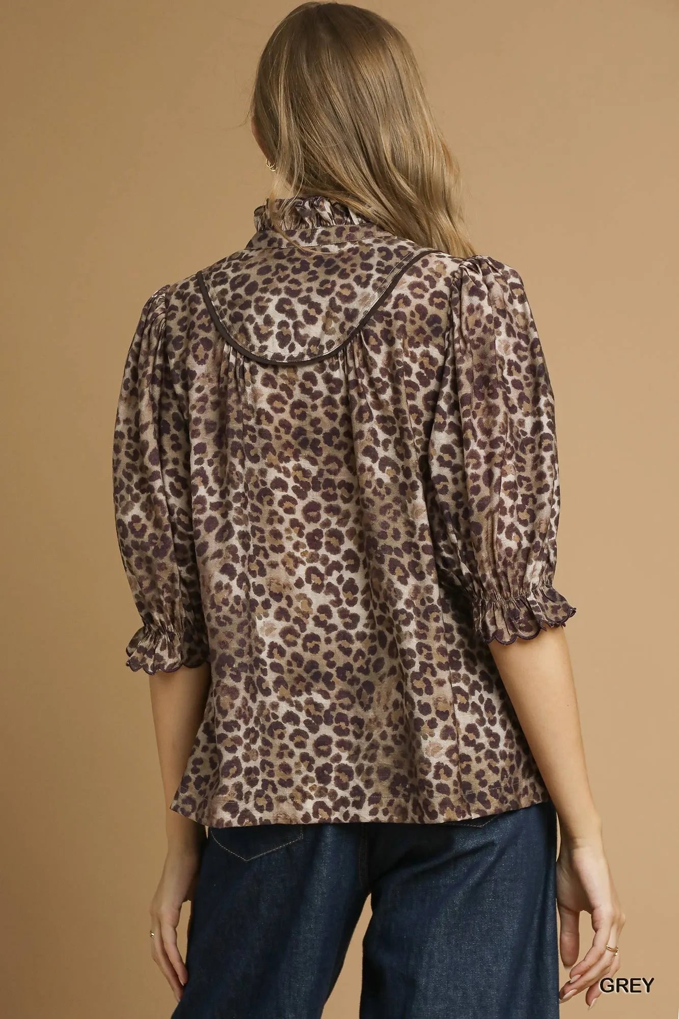 Umgee Leopard Print Ruffle Neck Blouse | Blouses Daverri Fashions