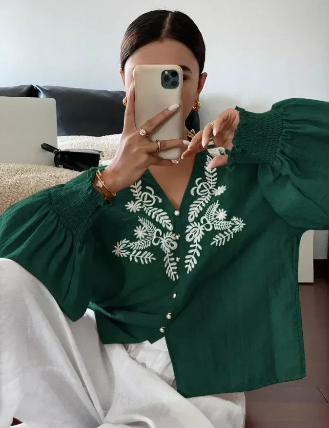 Daverri Fashions Embroidered Notched Long Sleeve Blouse - DAVERRI FASHIONS