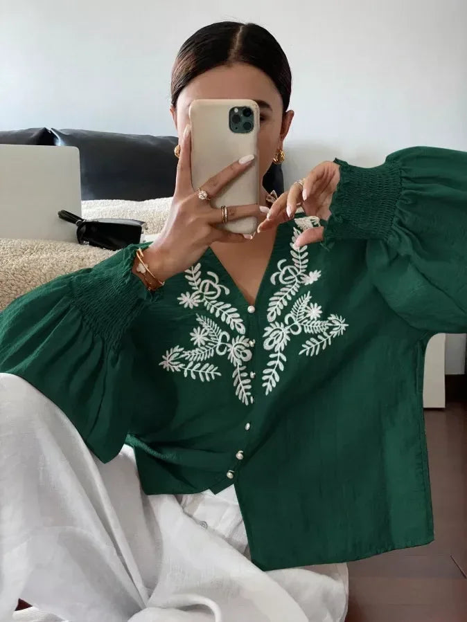 Daverri Fashions Embroidered Notched Long Sleeve Blouse - DAVERRI FASHIONS