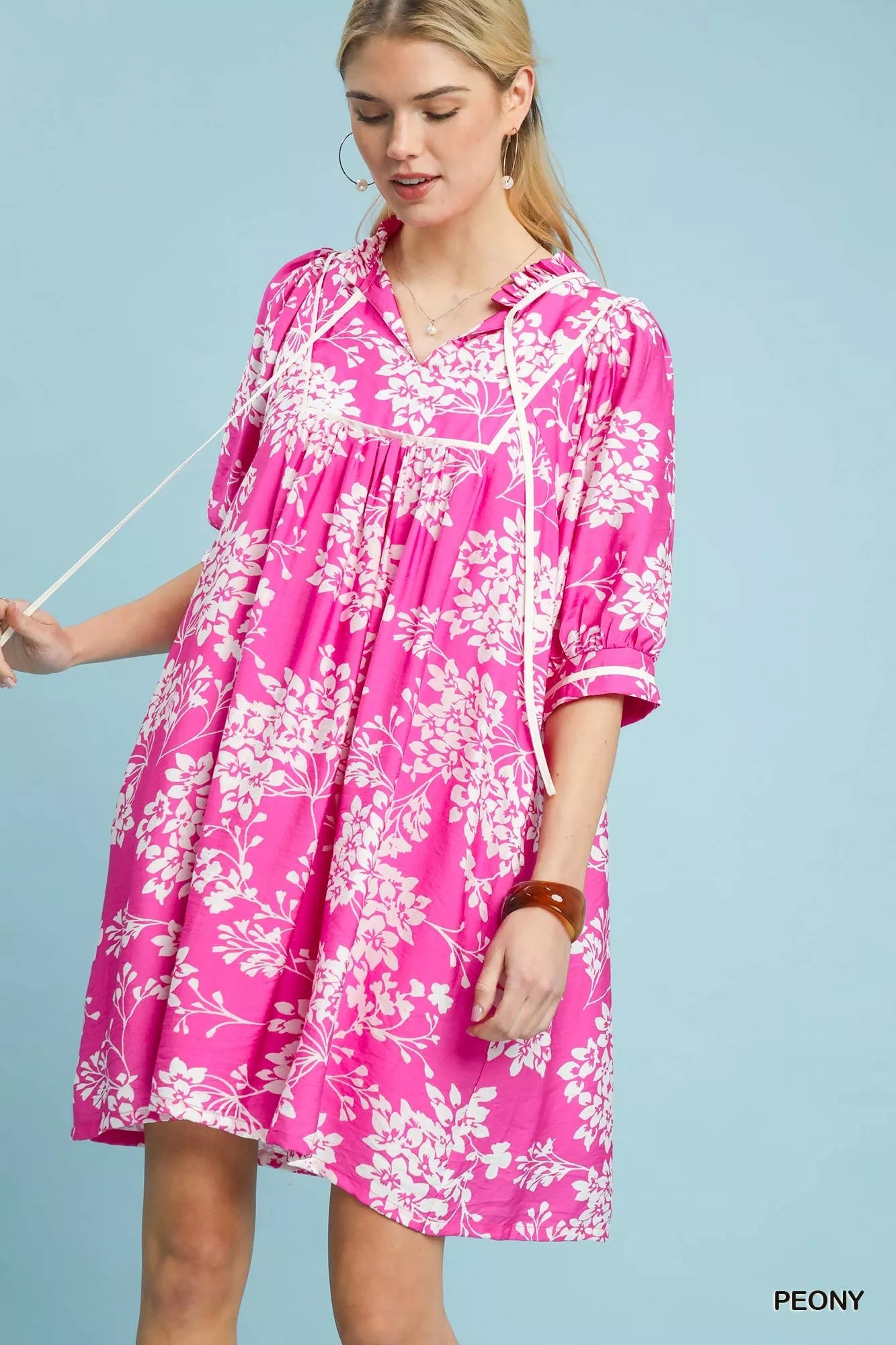 Umgee floral babydoll dress with pockets: pink peony print, drawstring neckline