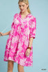 Umgee floral babydoll dress with pockets: pink peony print, drawstring neckline