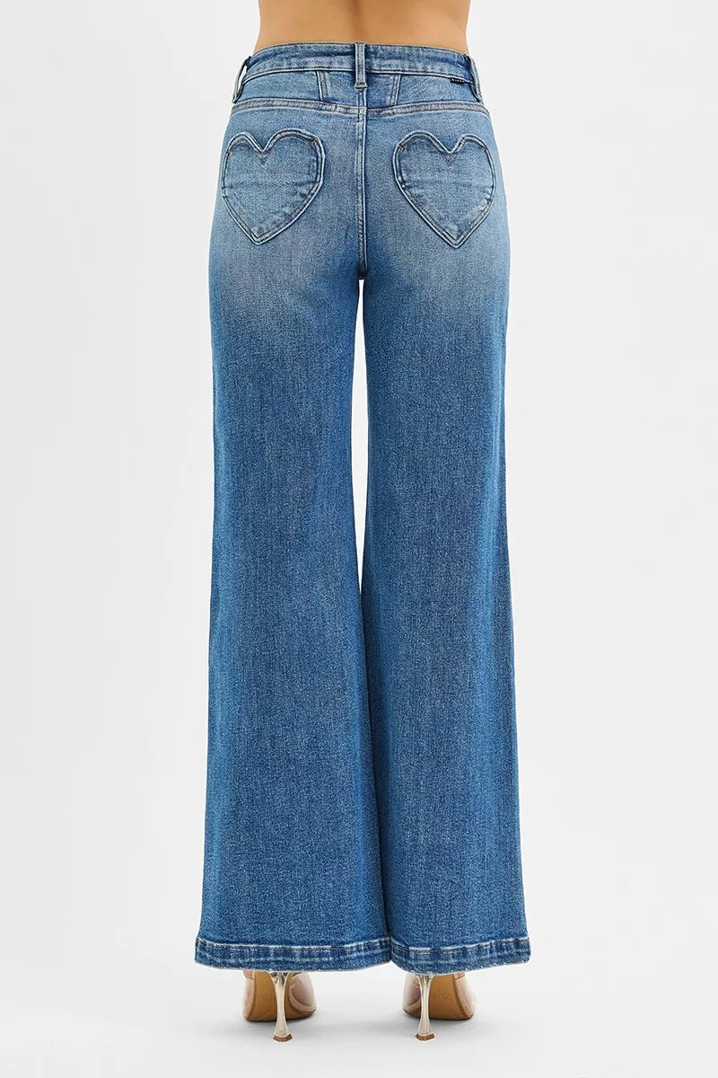 RISEN High Rise Wide Leg Jenas with Front Yoke and Heart Back Pocket | Jeans Daverri Fashions